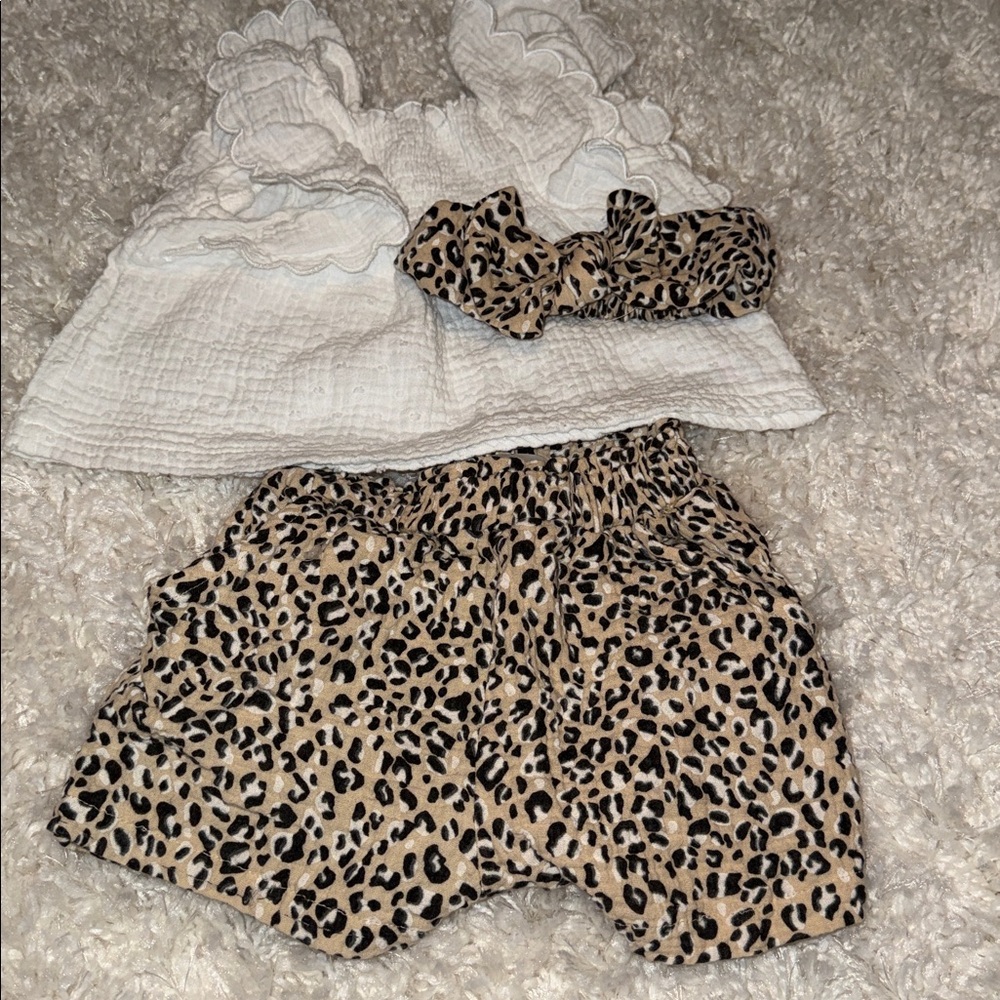White Ruffled Top and Leopard Print Shorts Set with Headband